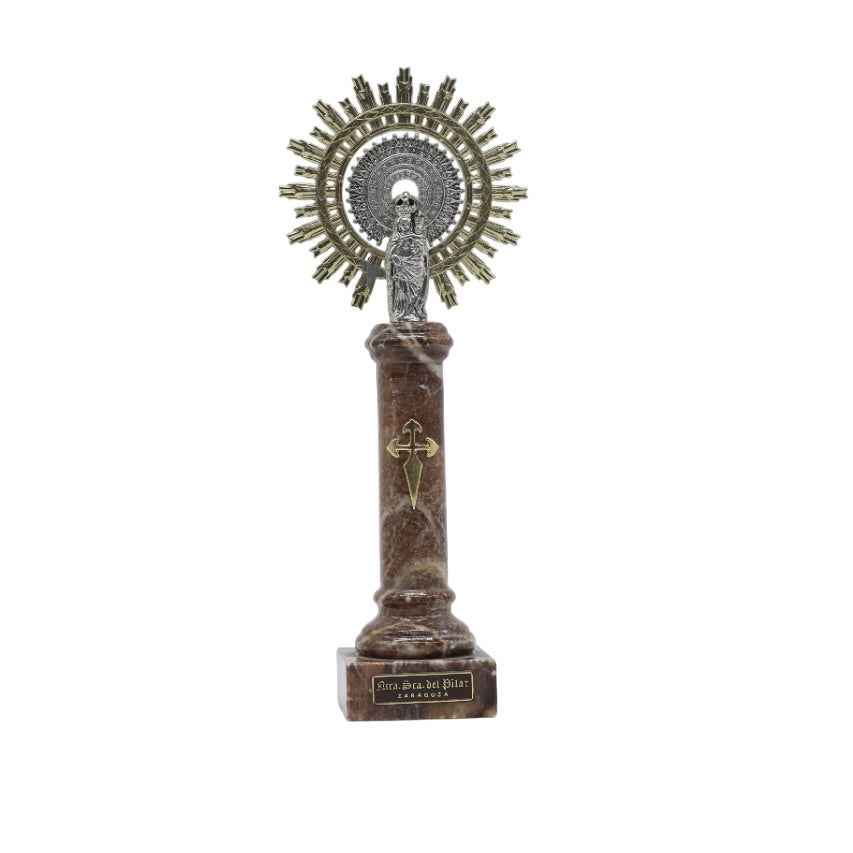 Figura Virgen del Pilar - Columna de Alabastro con Corona de Metal - 30 centímetros