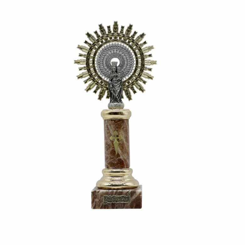 Figura Virgen del Pilar Grande de 30 cm – Metal con Columna de Alabastro y Detalles Dorados