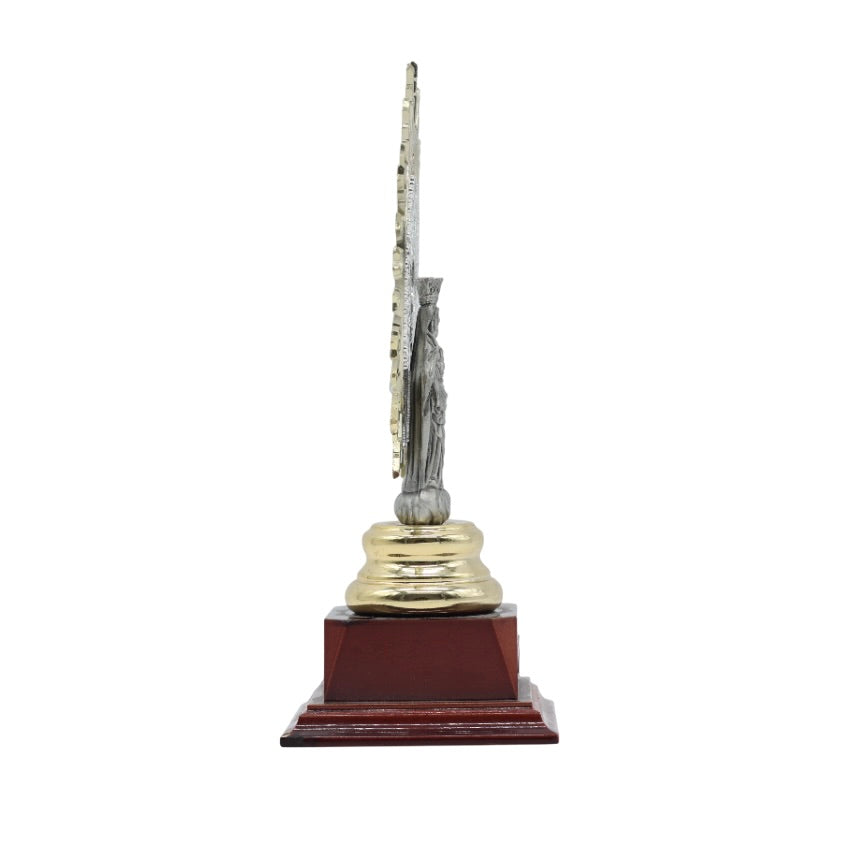 Figura Virgen del Pilar de Metal con Base de Madera de Raíz – 22 cm de Alto