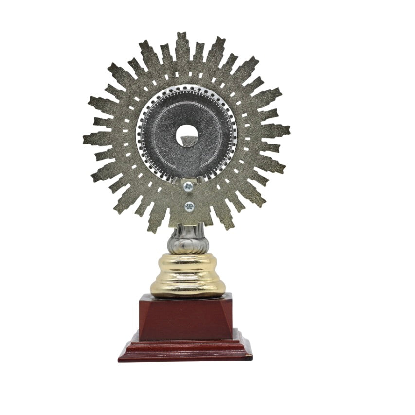 Figura Virgen del Pilar de Metal con Base de Madera de Raíz – 22 cm de Alto
