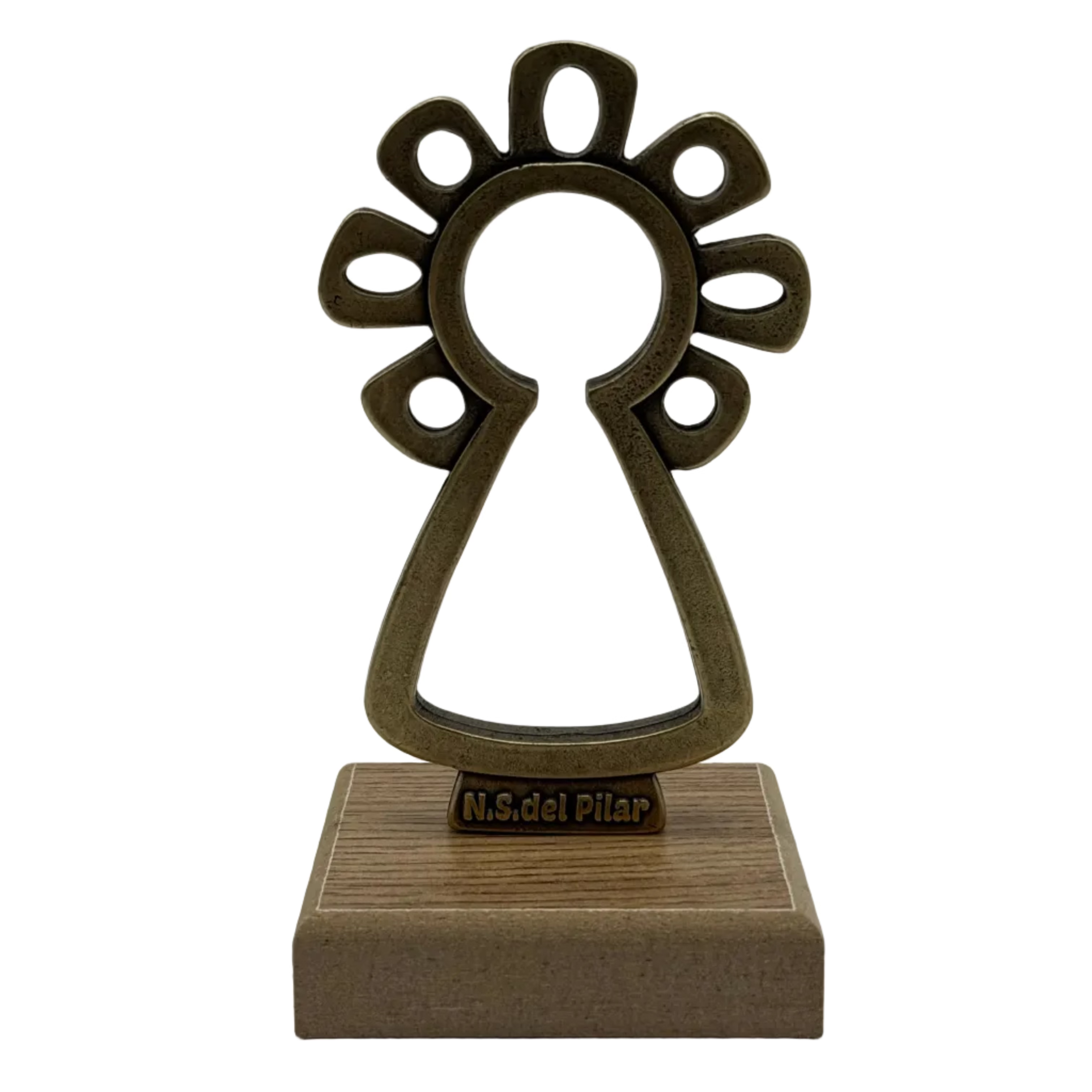 Figura Minimalista de la Virgen del Pilar 13cm – Diseño Metálico en Color Oro con Base de Madera